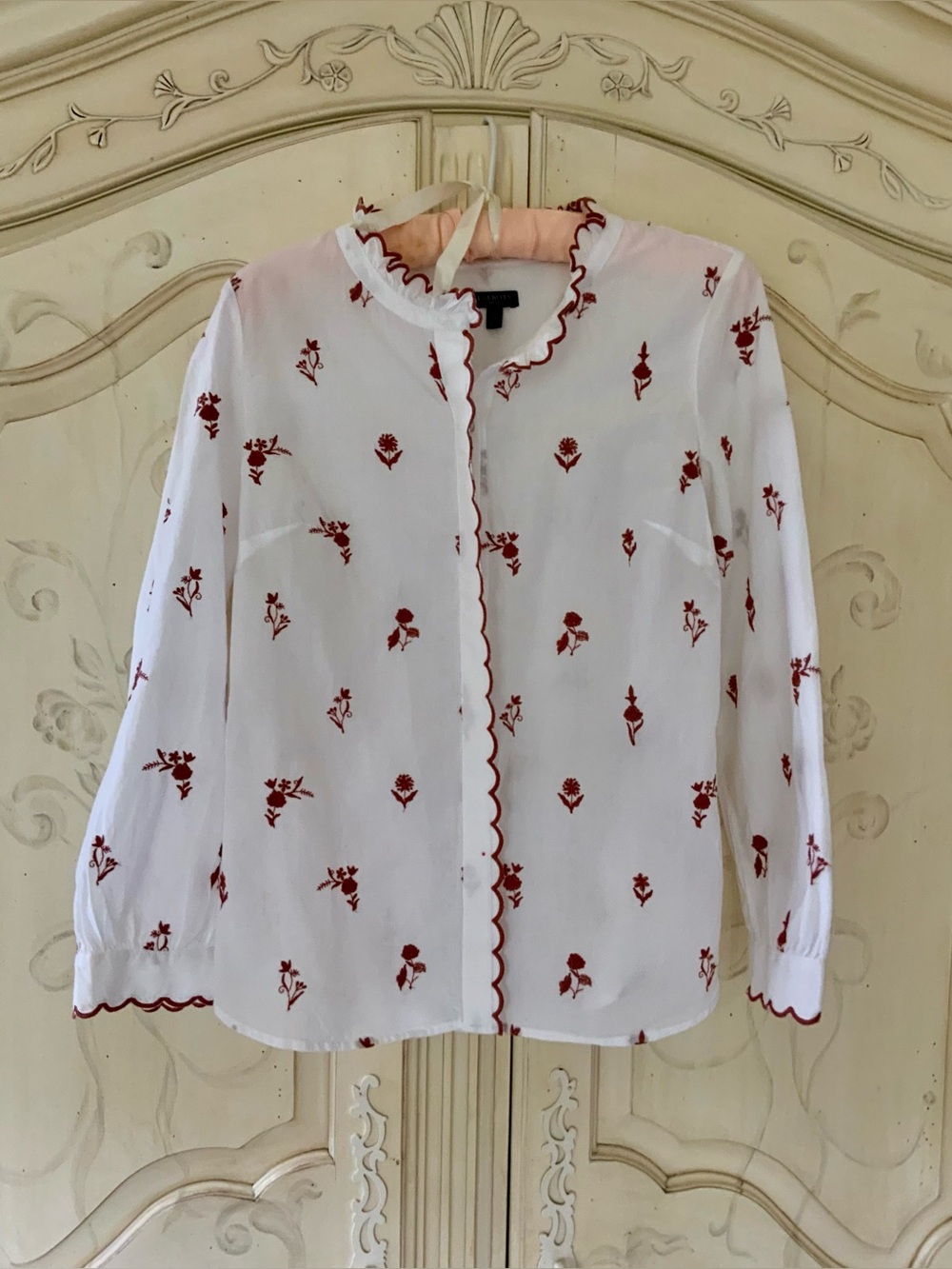 Talbots White and Brownish Floral Ruffle-Trim Blouse